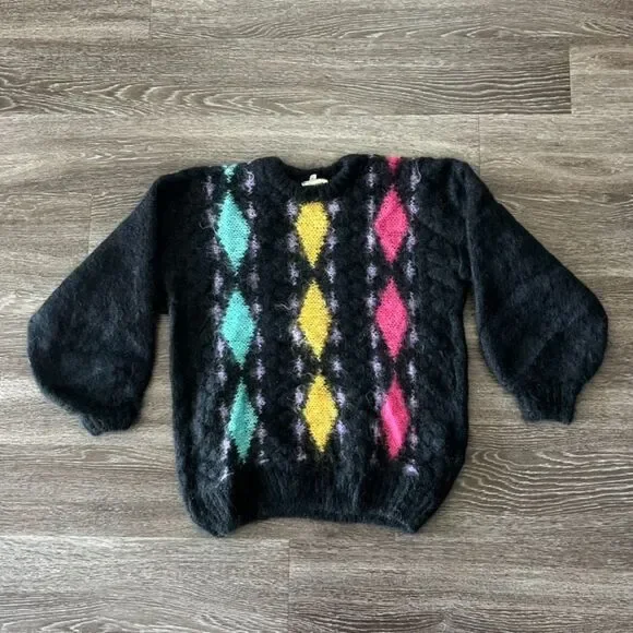 Vintage Tam O'Shanter Mohair Sweater Large Black‎ Argyle UK Made